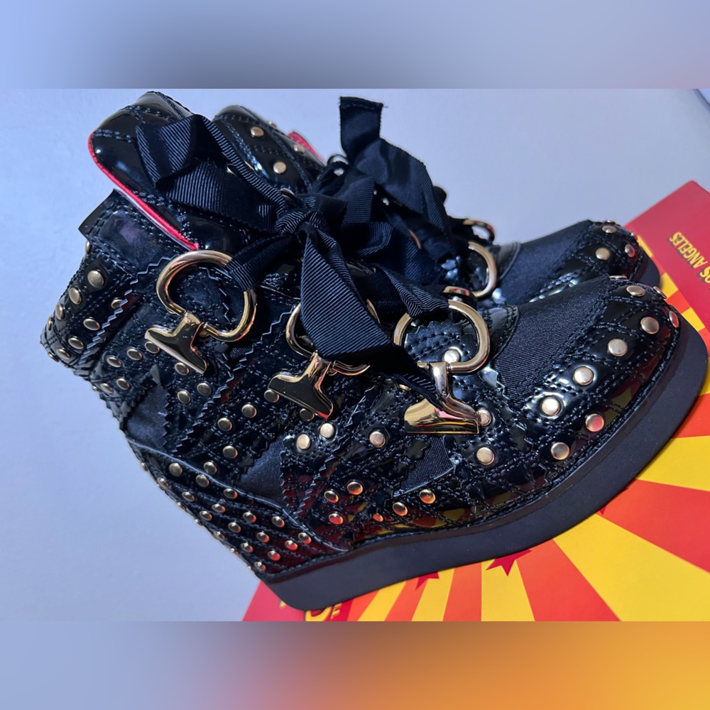 Jeffrey Campbell Gold and Black Combat Boots with Metallic Accents - Picture 7 of 13